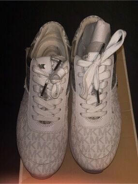 Michael Kors White and Silver MK Monogram Lace-Up Women Sneakers, Size 8